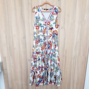 Kobi Halperin Floral Maxi Dress L/XL Sleeveless Tiered Boho Tropical Resort